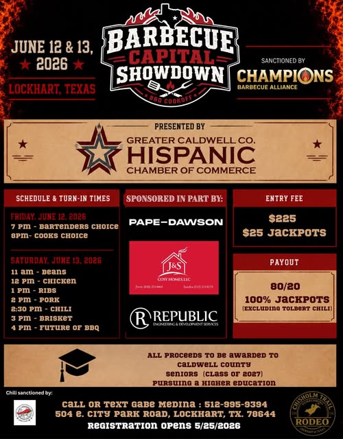 Poster promoting the Barbecue Capital Showdown in Lockhart, taking place Friday, June 12, at 7 p.m. and Saturday from 11 a.m. to 4 p.m. during the rodeo.