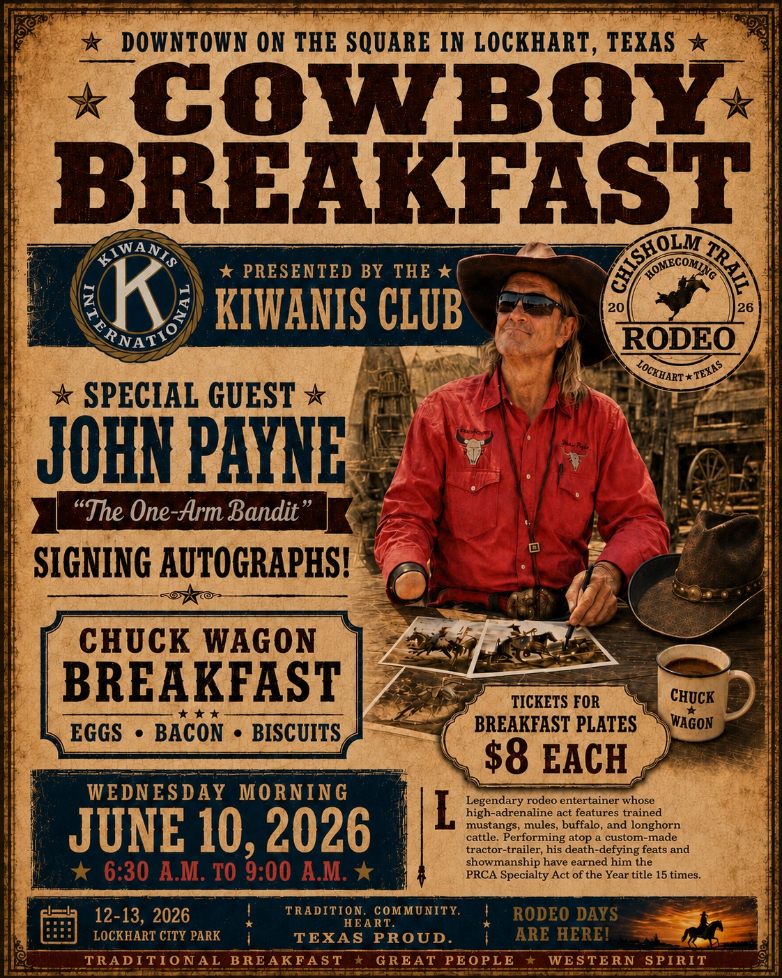 Image description: Event poster for the Cowboy Breakfast downtown on the square, presented by the Kiwanis Club. The event features special guest John Payne, “The One Arm Bandit,” signing autographs. Chuckwagon breakfast includes eggs, bacon, and biscuits for $8 per plate, available for purchase on the day of the event.