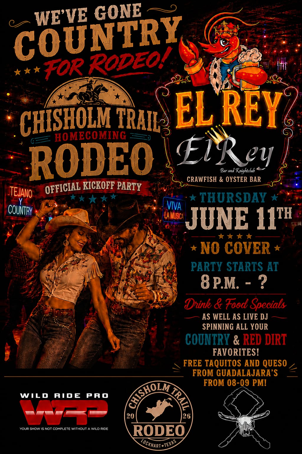 Image description: Event poster for Country for Radio at El Rey Crawfish & Oyster Bar on Thursday, June 11. The event has no cover, starts at 8 p.m., and features a live DJ, food and drink specials, plus free taquitos and queso from Guadalajara from 8 to 9 p.m.